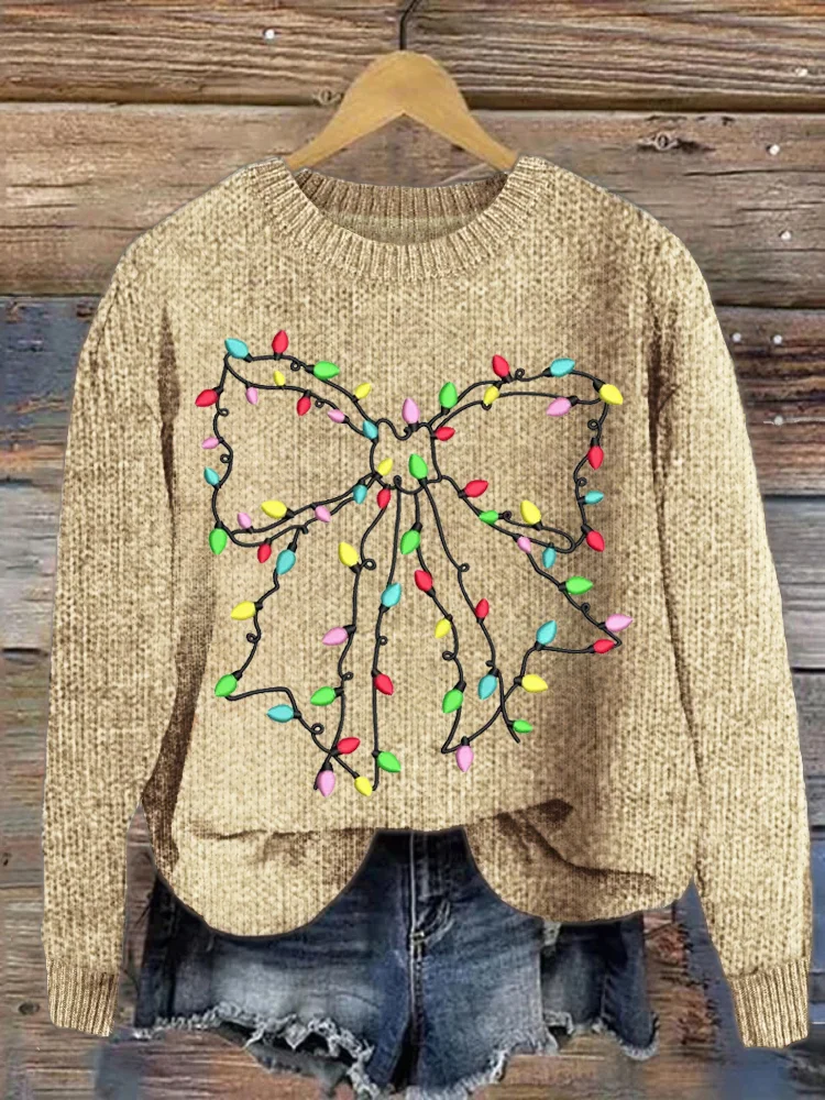 Bow Christmas Lights Embroidered Cozy Sweater