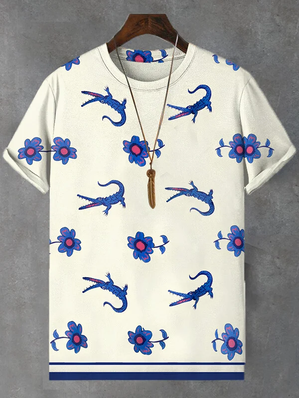Men's Flowers And Crocodiles Art Print T-Shirt