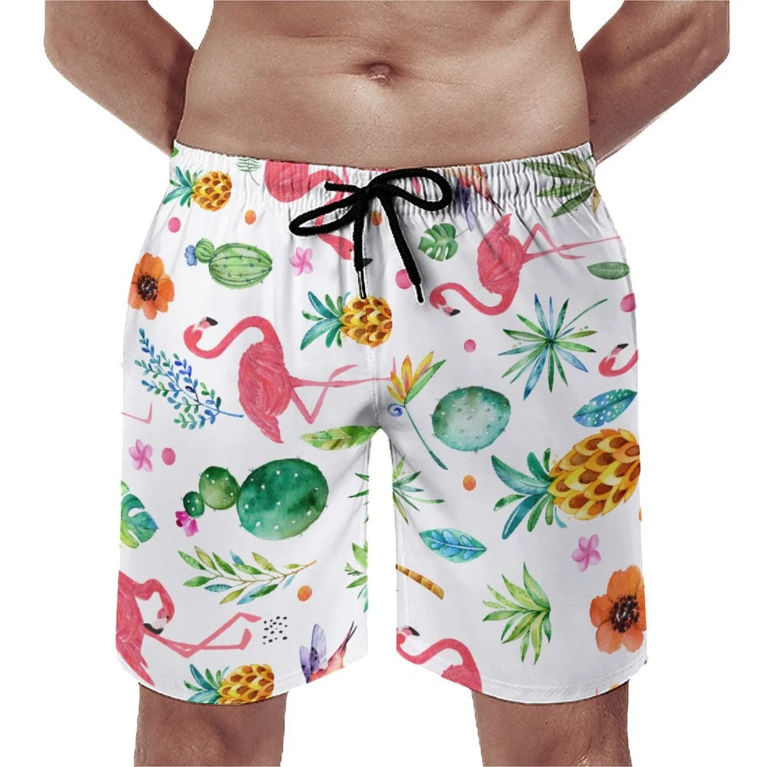 All Things Tropical Pink Flamingos Men's Swim Trunks Summer Board Shorts Quick Dry Beach Short with Pockets