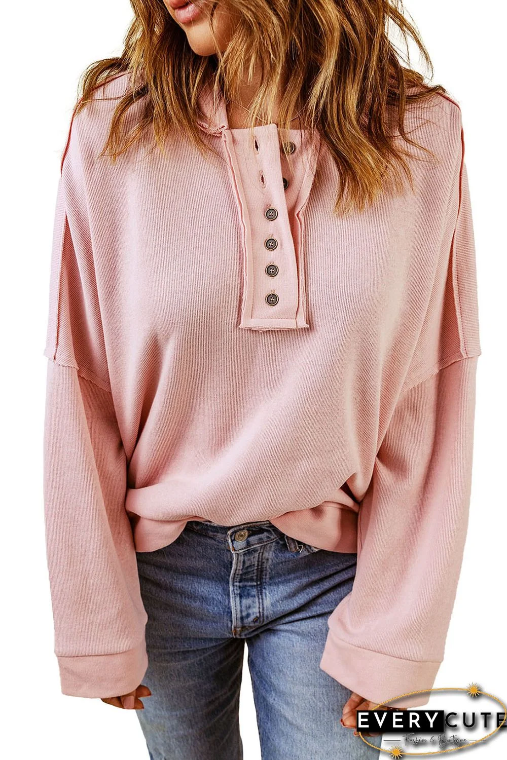 Pink Casual Button Solid Patchwork Trim Hoodie