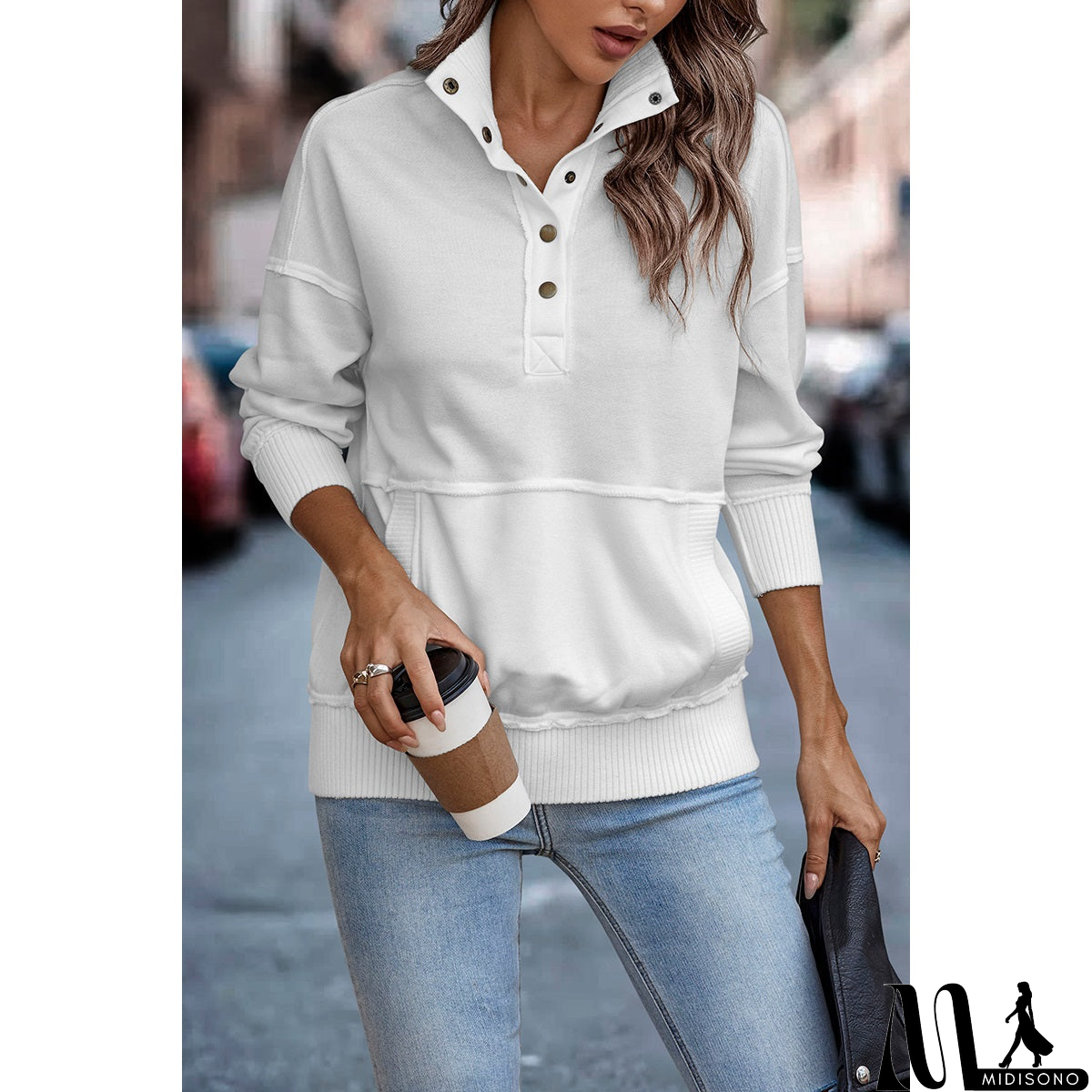 MidiSono - Chic Collared Block Button-Up Sweater