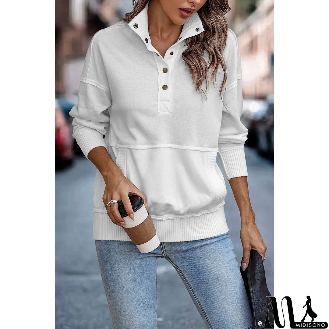 MidiSono - Chic Collared Block Button-Up Sweater