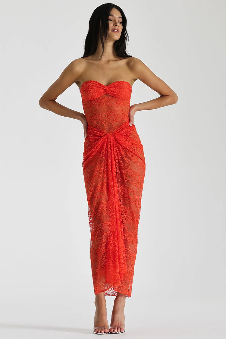 See Through Lace Ruched Knot Strapless Maxi Dresses