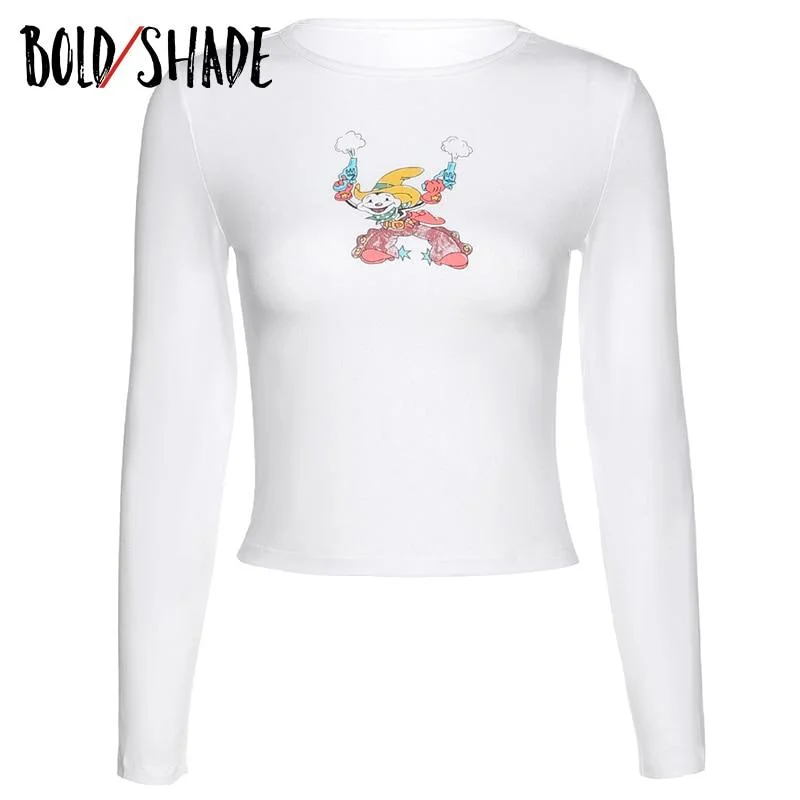 Bold Shade Vintage 90s Grunge Fashion Tees Printed Crewneck Long Sleeve Crop Tops Streetwear Y2K Style Autumn Women Indie Outfit