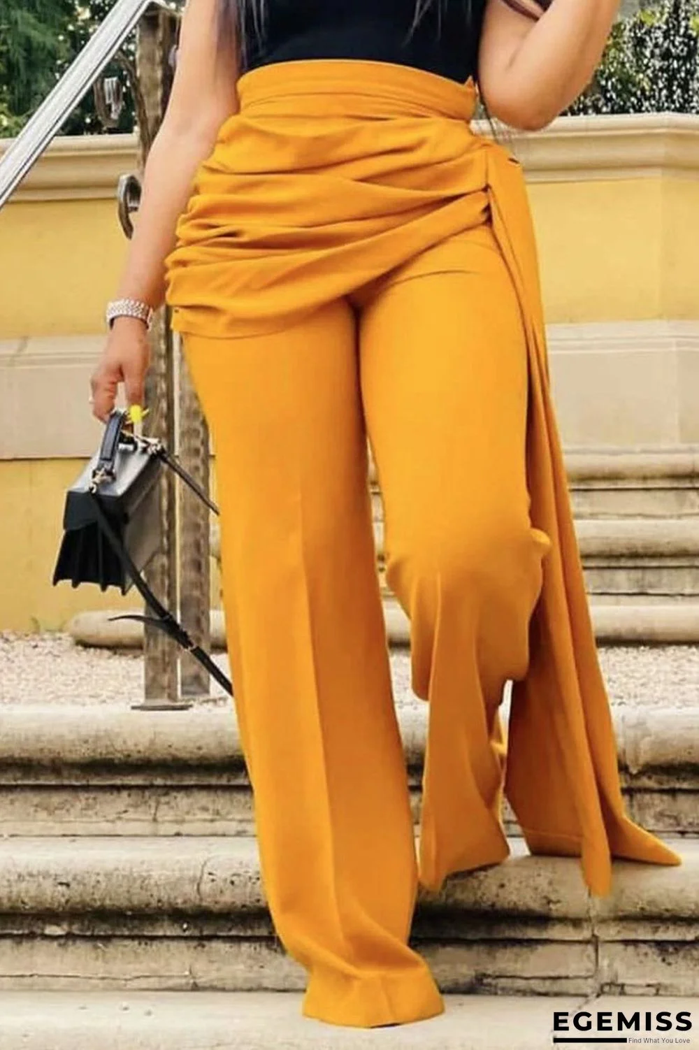 Yellow Casual Elegant Solid Patchwork Fold Asymmetrical High Waist Straight Solid Color Bottoms | EGEMISS