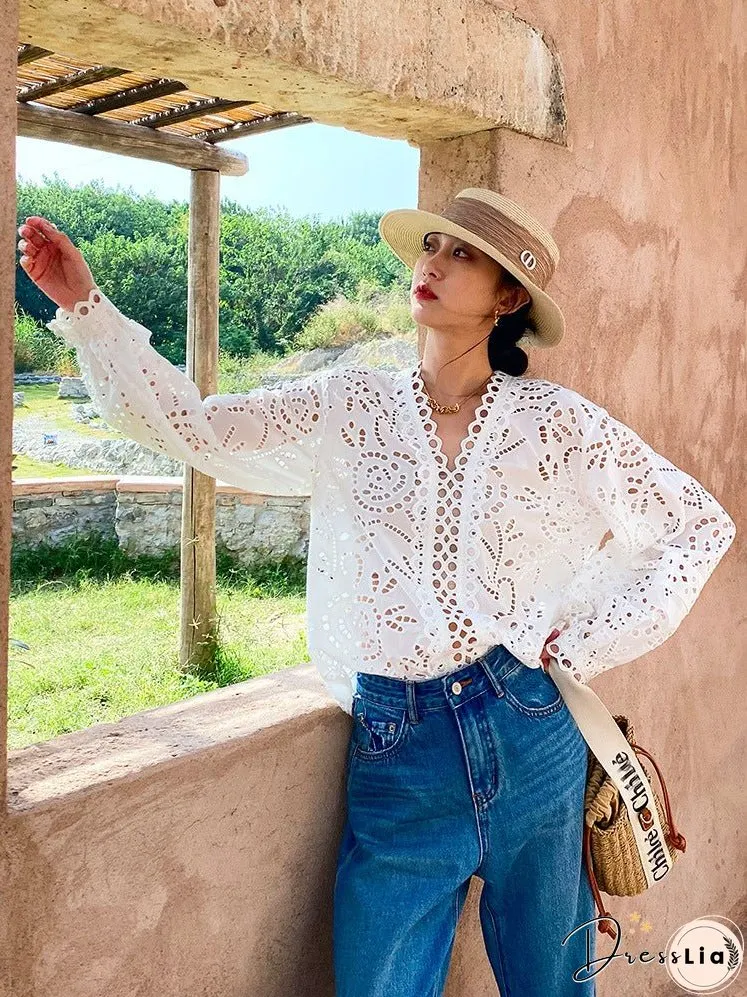 Women's Cotton Embroidered French White Shirt Long Clothing