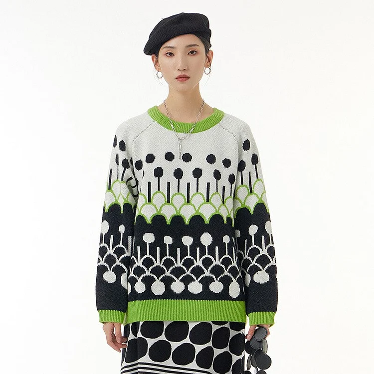 Vintage Loose Round Neck Contrast Color Jacquard Long Sleeve Knitted Sweater