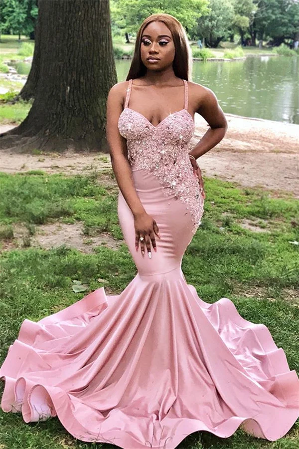 Bellasprom Spaghetti-Straps Pink Evening Gown Lace Appliques Online Mermaid