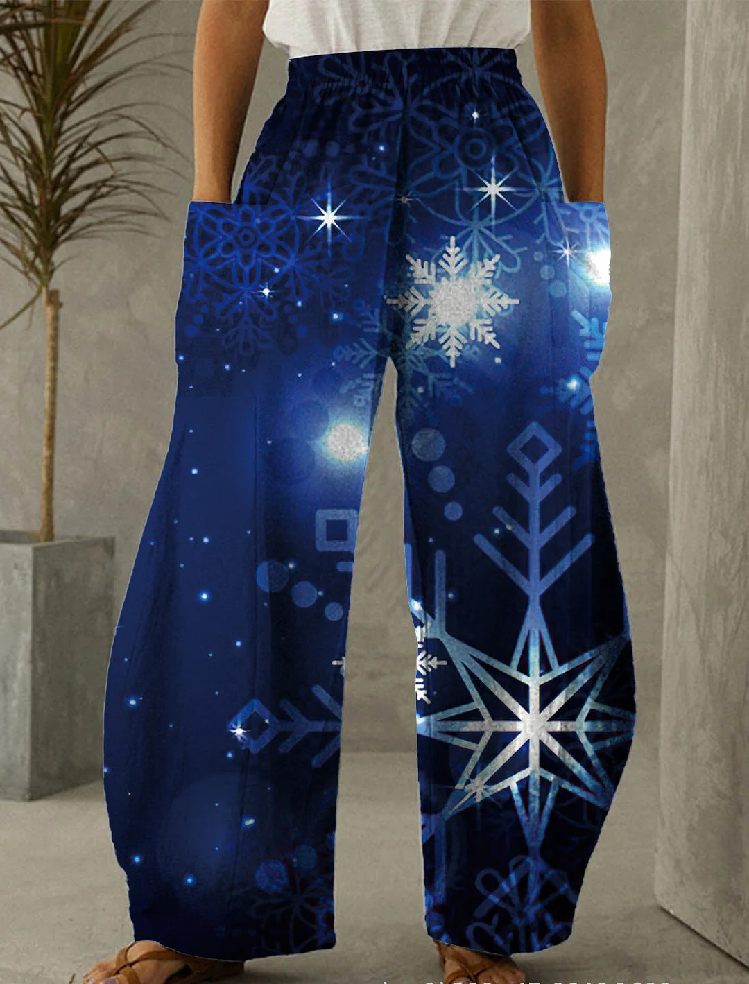 Christmas Blue Snowflake Print Casual Pants