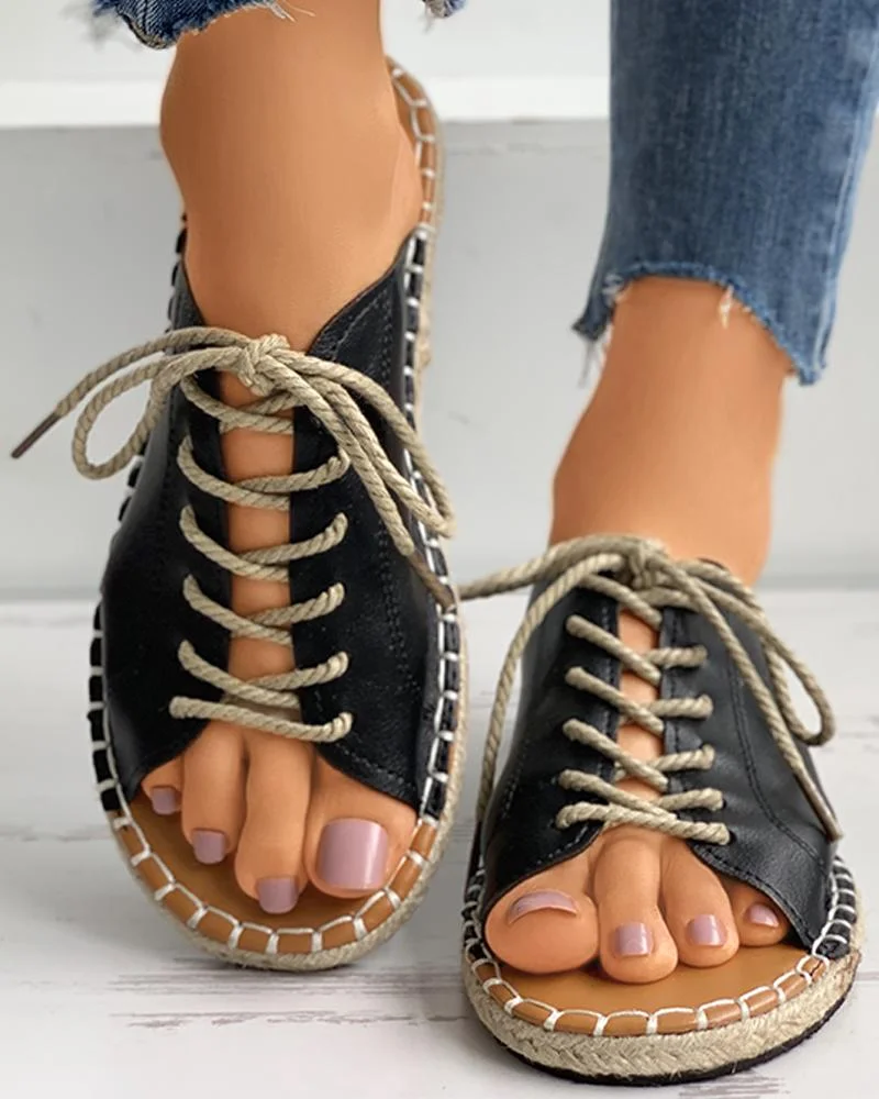 Eyelet Lace-up Woven Flax Flat Sandals