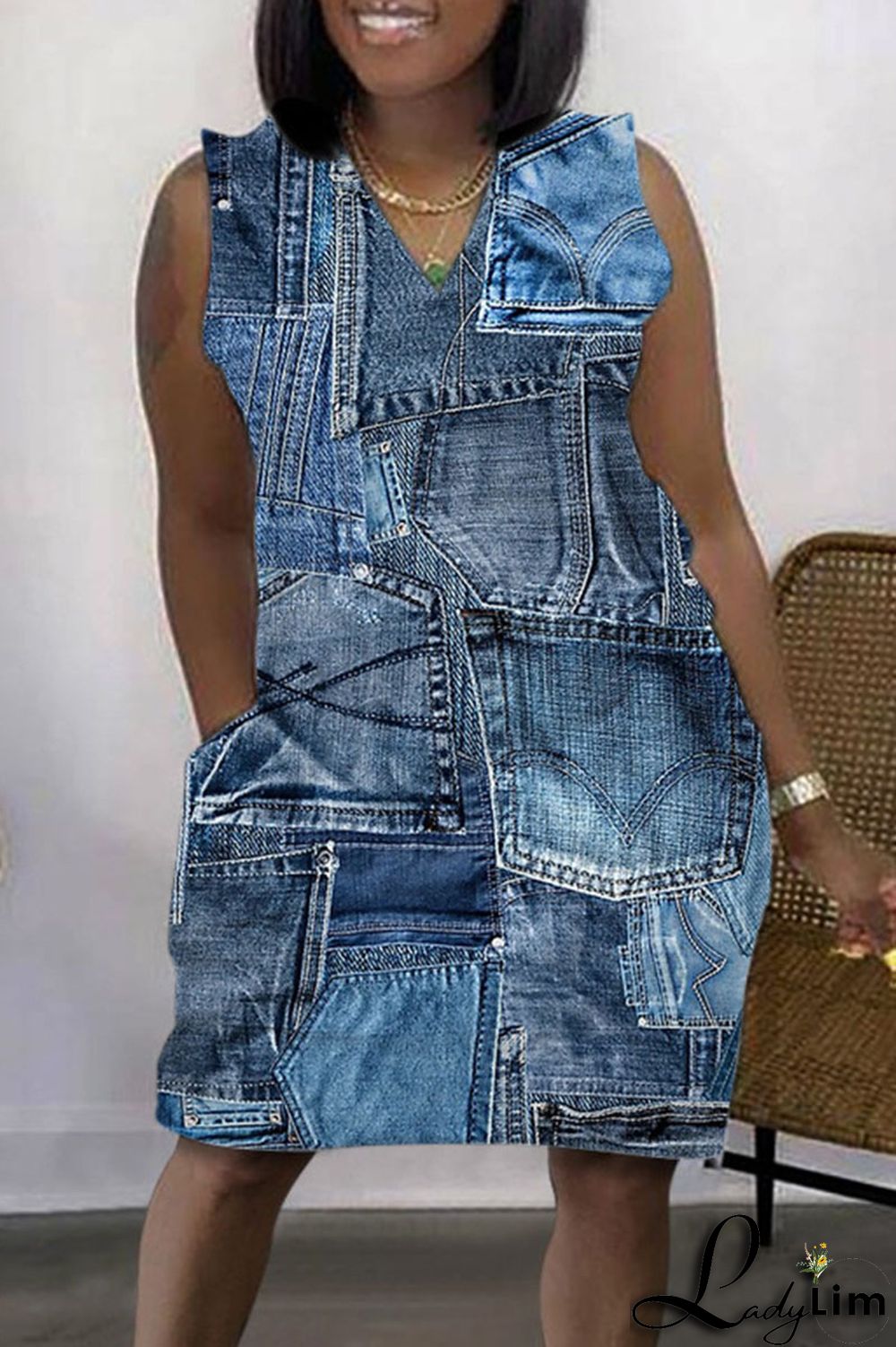 Colour Casual Print Patchwork V Neck Straight Dresses