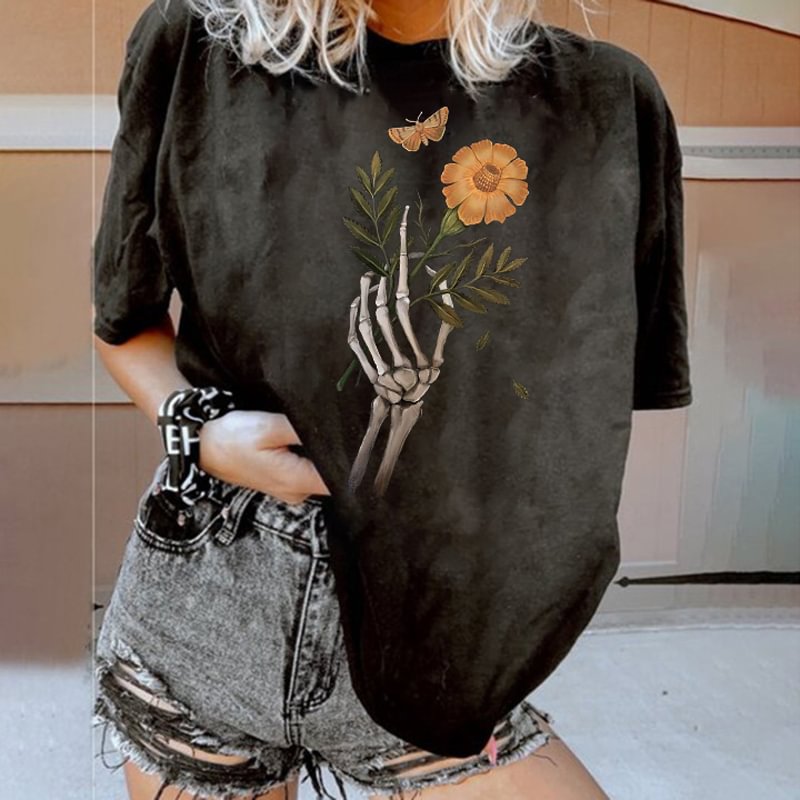   Flower and insect Skeleton print casual lady T-shirt designer - Neojana