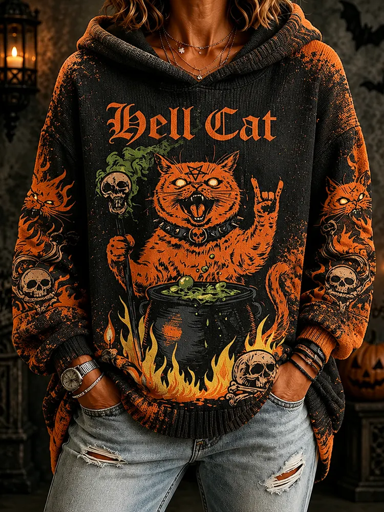 Comstylish Women's Halloween Pullover Hoodie - Hell Cat, Witch Cauldron, Skulls & Fire Print