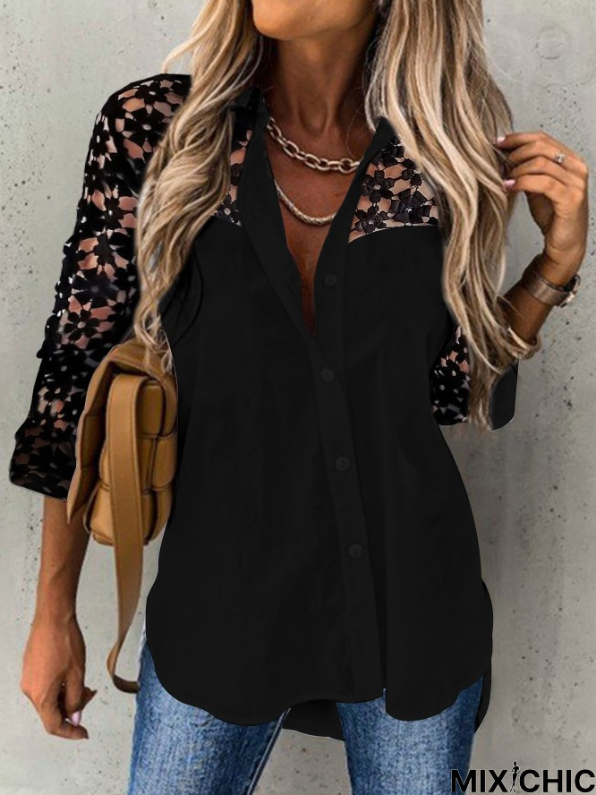 Contrast Lace Long Sleeve Button Down Shirt