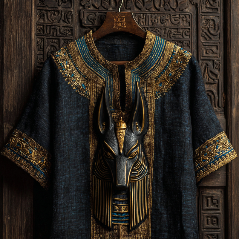 Elegant Ancient Egyptian Anubis Embroidered Linen Shirt