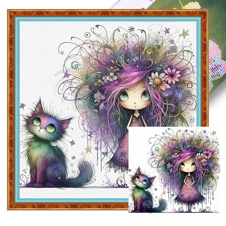 Huacan - Halloween Weird Girl- 11CT - 3 Strands Threads Printed Cross Stitch - 40*40cm(Canvas)