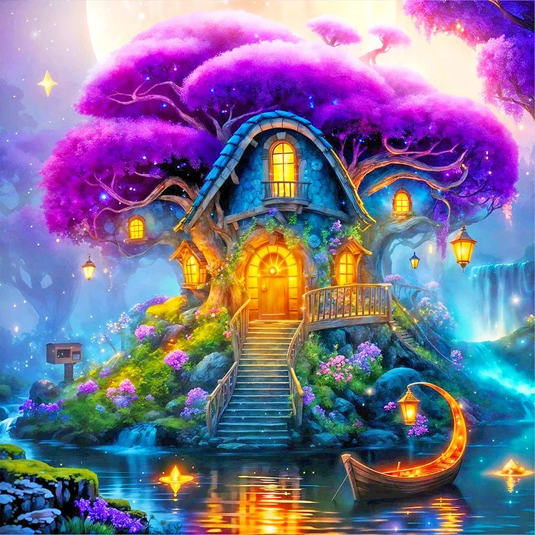 Tranquil Purple Tree House 40*40CM (Canvas) Full Round Drill Diamond Painting gbfke