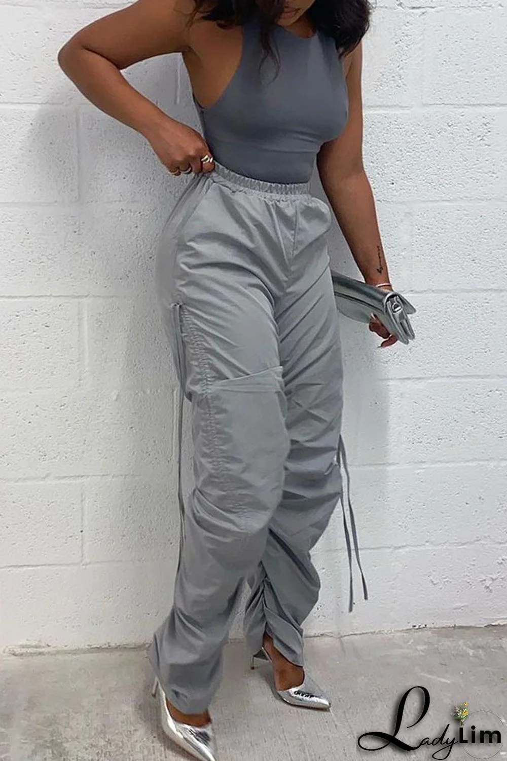 Green Casual Solid Patchwork Draw String Fold High Waist Pencil Solid Color Bottoms