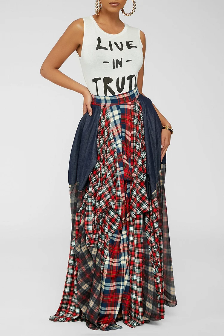 Plaid Patchwork Ruched Pocket Casual Maxi Skirt