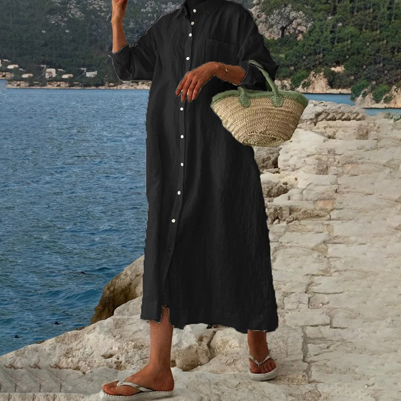 Comstylish Vintage Solid Color Button Down Cotton Linen Maxi Dress