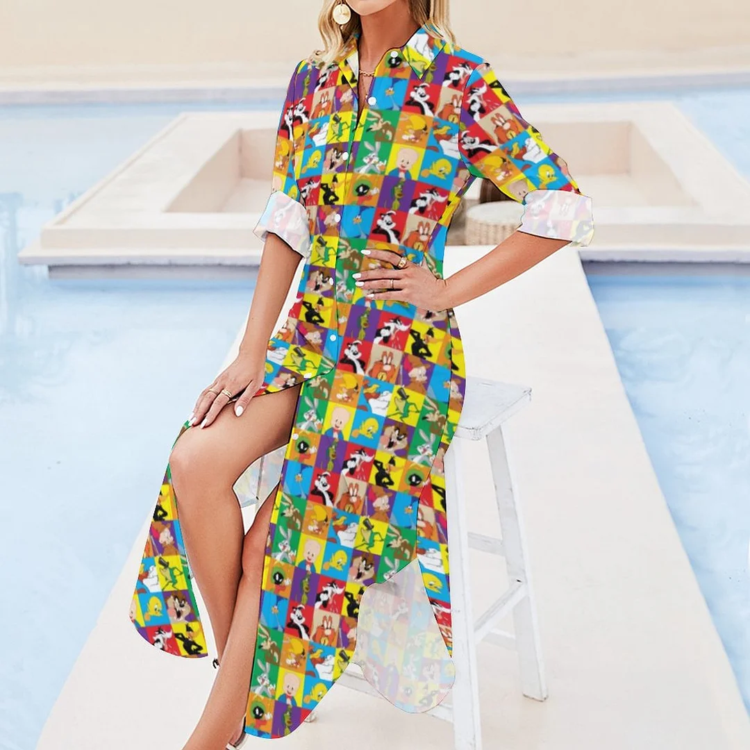 Looney Tunes Character Grid Women Casual Retro Print Maxi Dresses Loose Button Down Blouse Split Long Dress