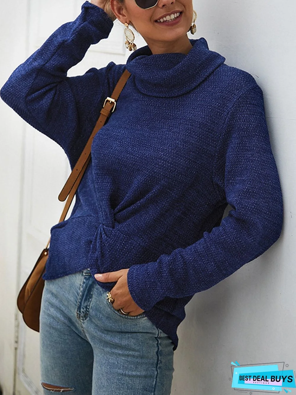 Knitted Cowl Neck Long Sleeve Casual Sweater