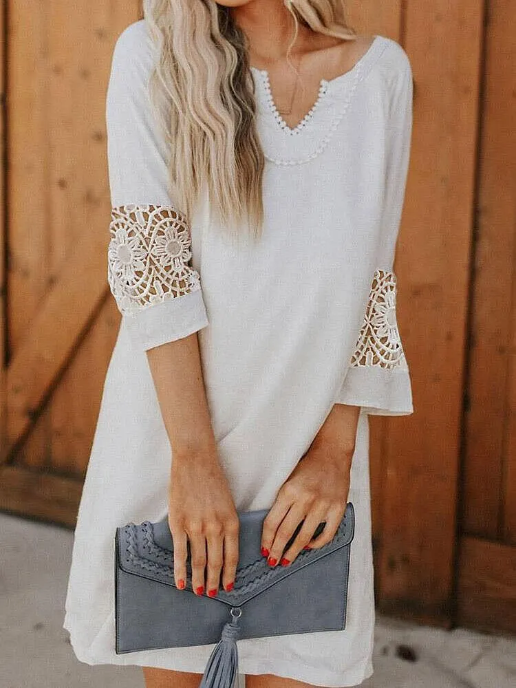 Three Quarter Sleeve Hollowed-Out Leisure Lace Dress