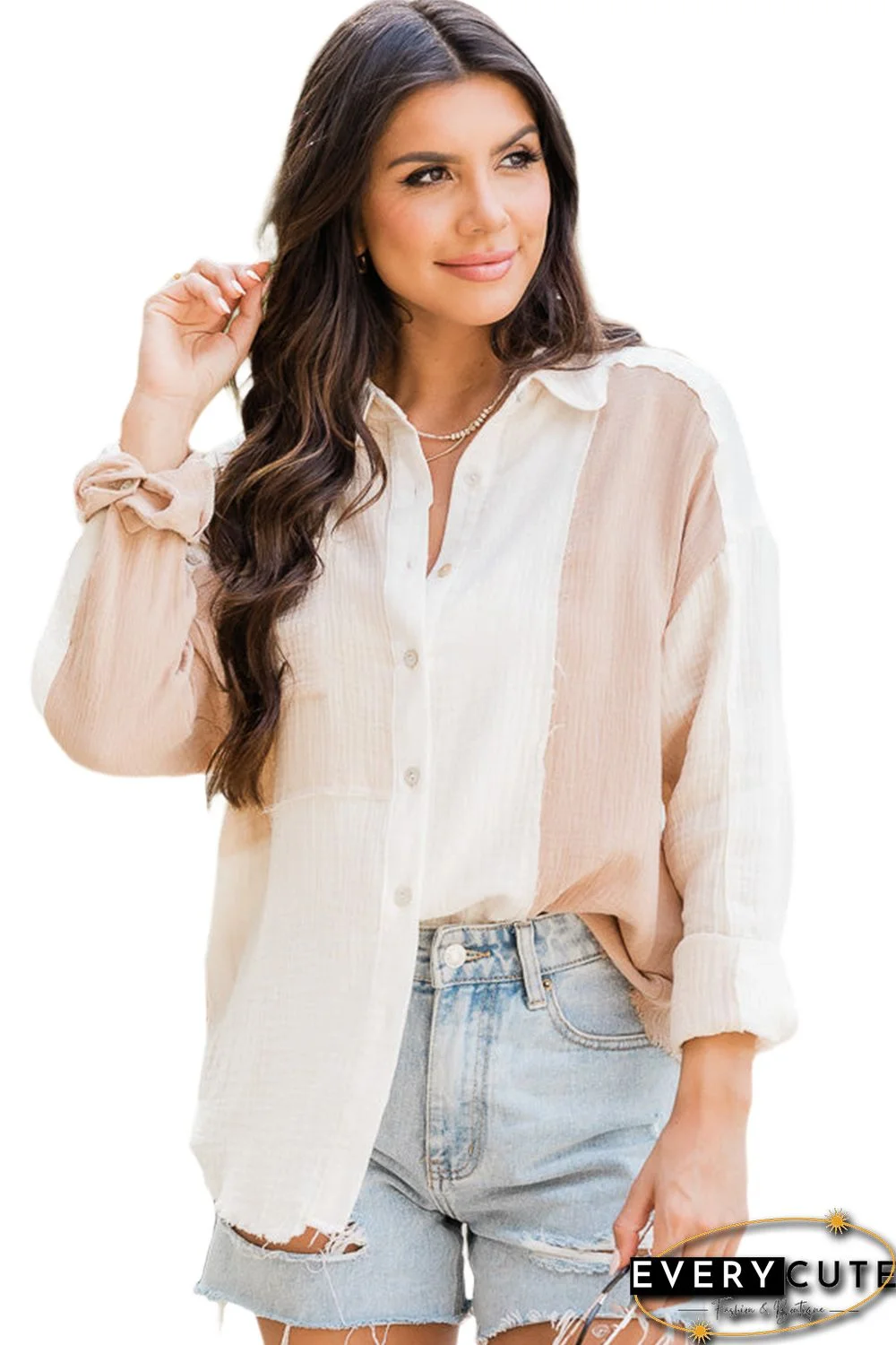 Khaki Color Block Buttoned Raw Hem Textured Shirt