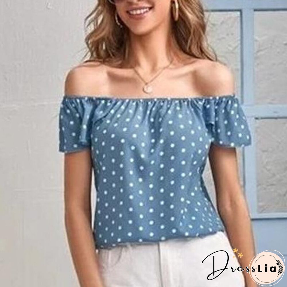 Summer Fashion Casual Print Dot Blouse Women Off Shoulder Short Sleeve Blue Tees Black Mujer Tops Lady Shirts Blouses New