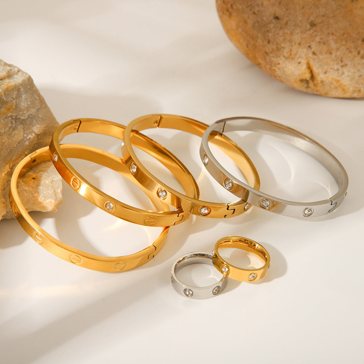 IG Style Round Stainless Steel Diamond Inlay Bangles