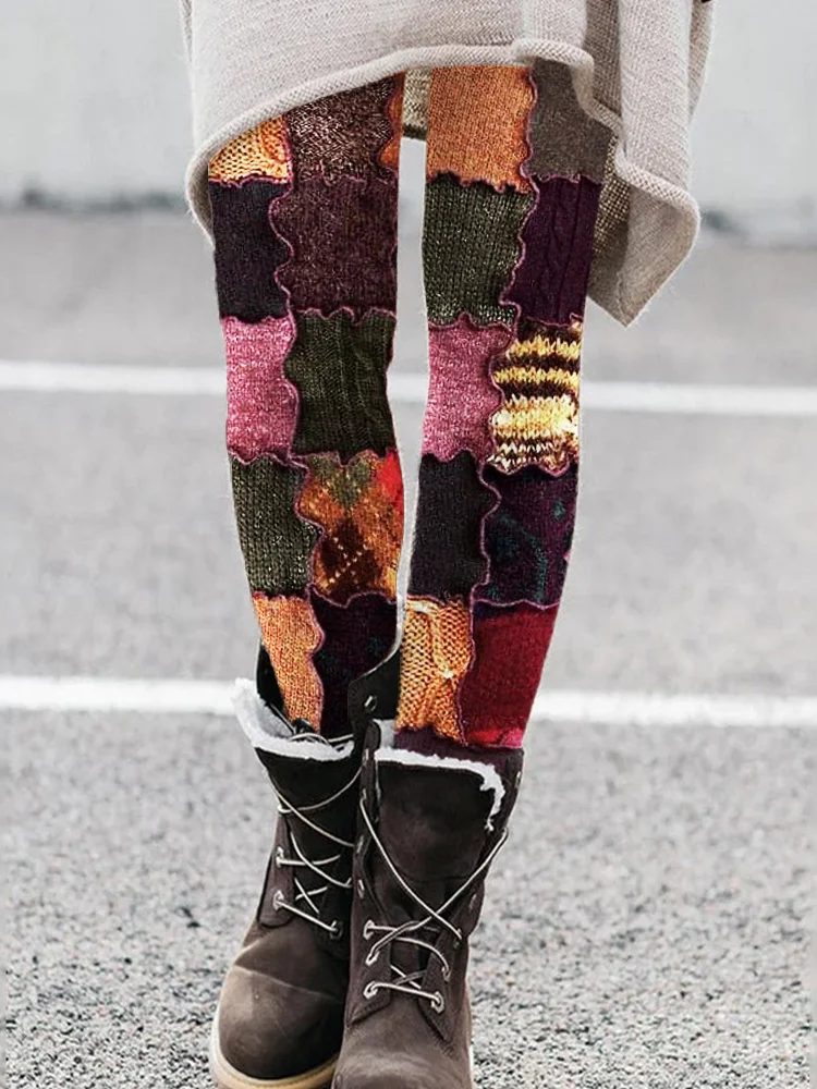 Vintage Colorful Patchwork Cozy Knit Leggings