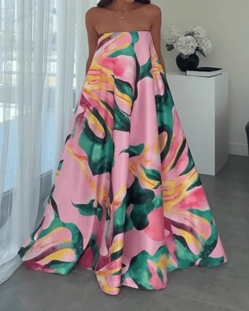 Colorful Print Strapless Loose Maxi Dress