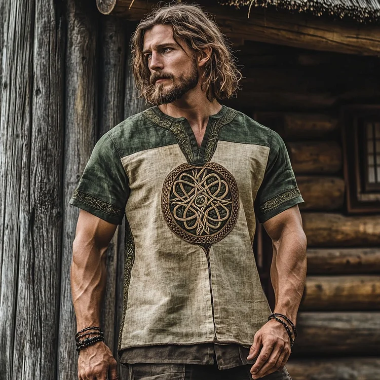 Men's Viking Tribal Celtic Patchwork Art Linen Shirt