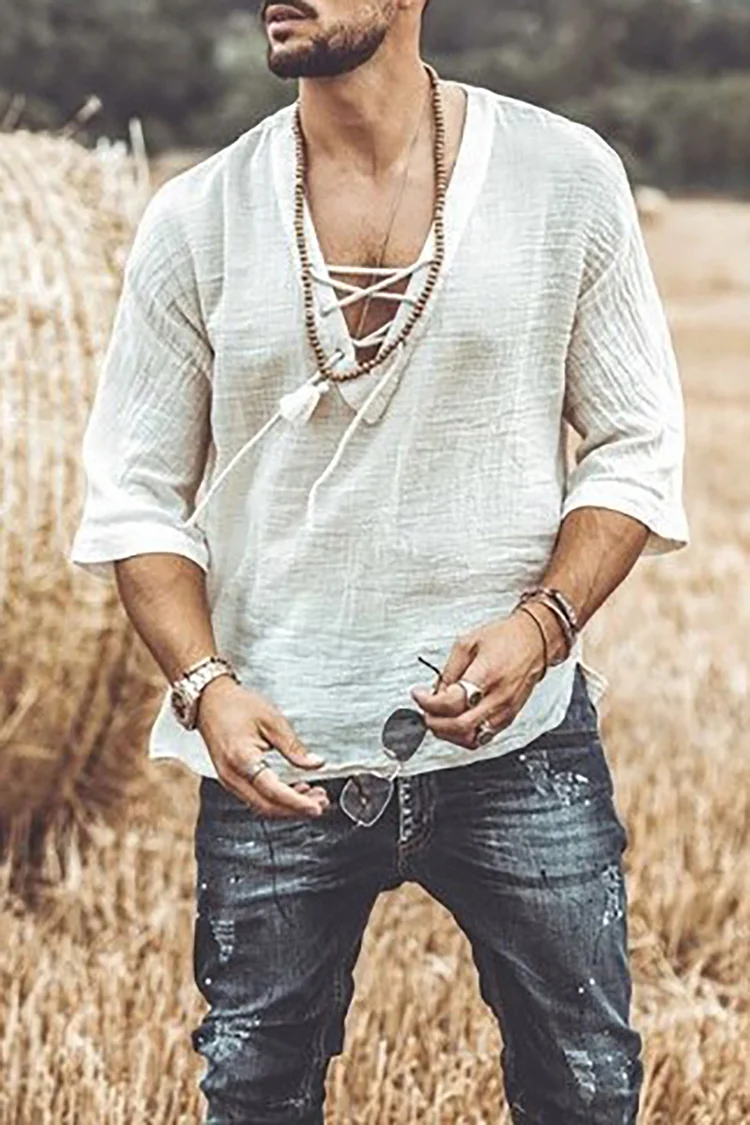 Men's Casual Front Lace Up V Neck Half Sleeve Loose Shirt