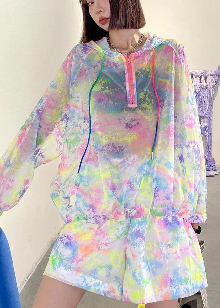 Fashion Rainbow Tie Dye UPF 50+ Coat Jacket Two Pieces Set Summer