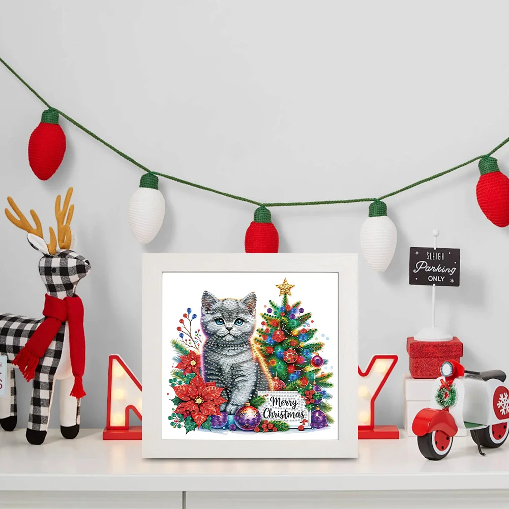 5D DIY Partial Special Shaped Drill Diamond Painting Christmas Cat 22.8x22.8cm【With Frame】