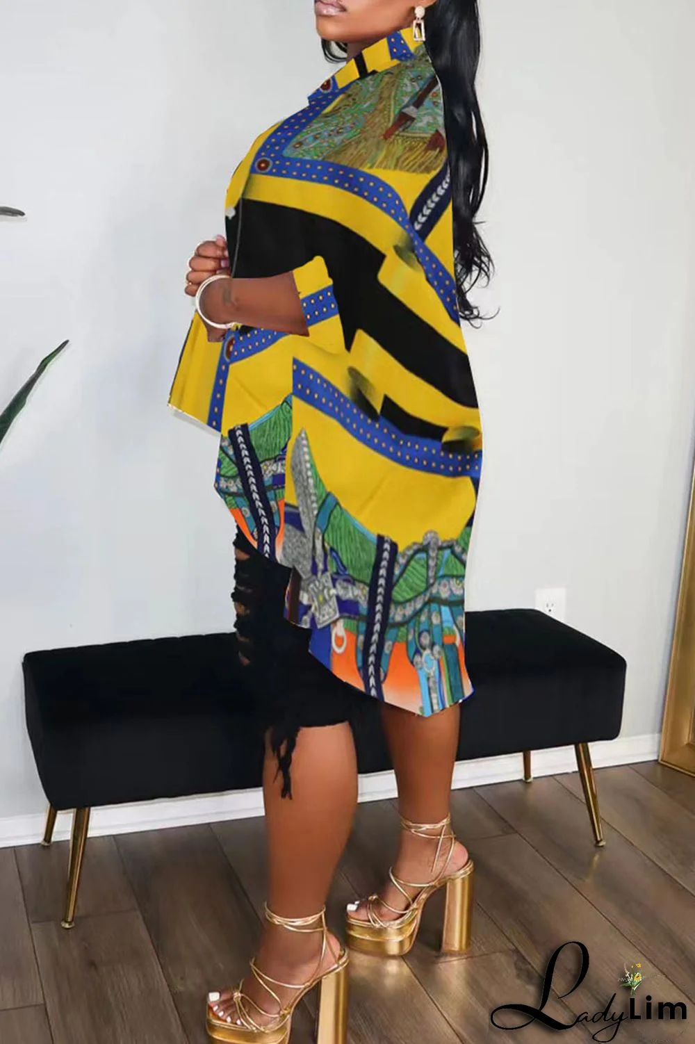 Black Casual Print Split Joint Buckle Turndown Collar Tops