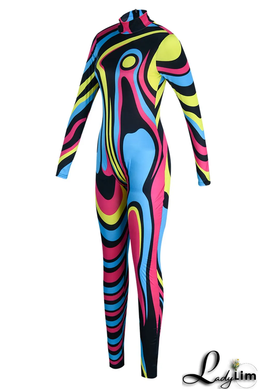 Black Fashion Casual Print Patchwork Half A Turtleneck Skinny Jumpsuits