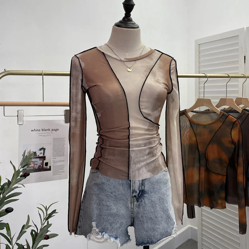 Uveng Sunset Sun Dyed Elastic Mesh Yarn T-Shirt Stacked With Long-Sleeved Top Press Line T-Shirt 8980