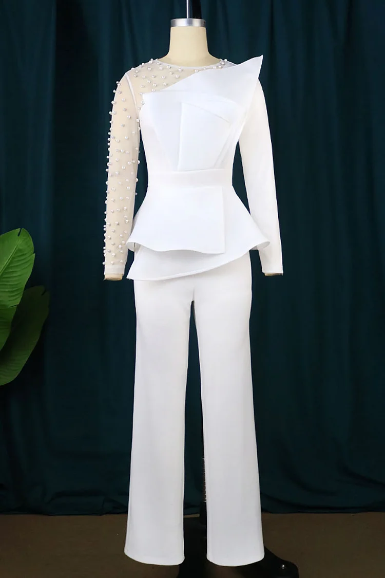 Mesh Patchwork Pearls Long Sleeve Asymmetric Trim Straight Leg Evening White Jumpsuit