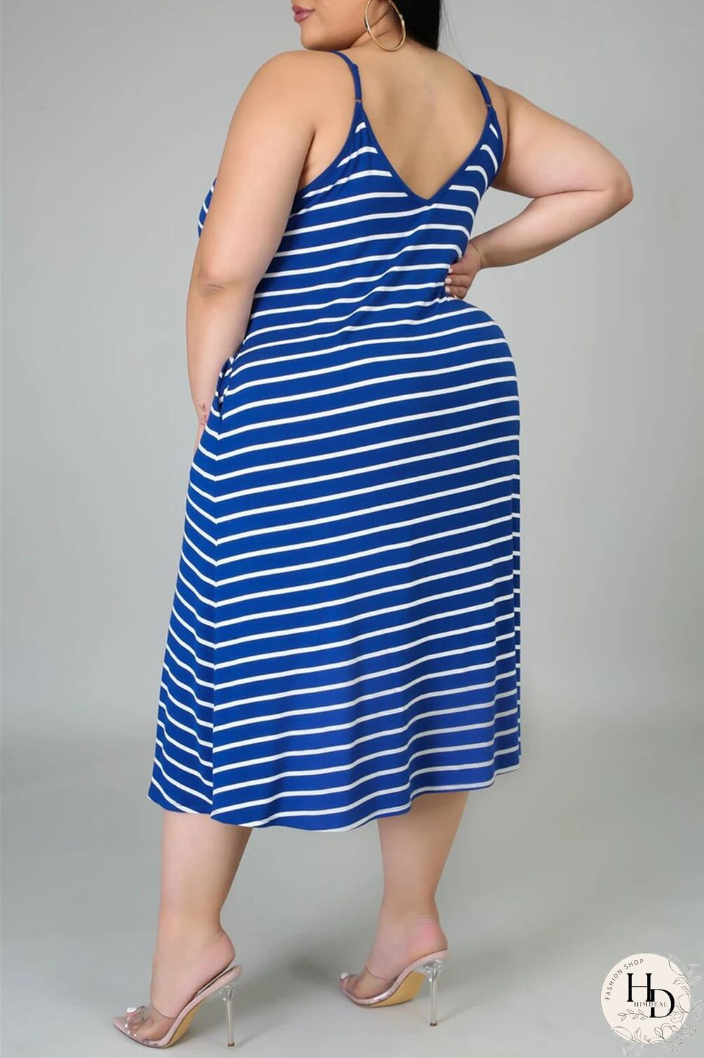 Deep Blue Sexy Casual Plus Size Striped Print Backless Spaghetti Strap Sleeveless Dress