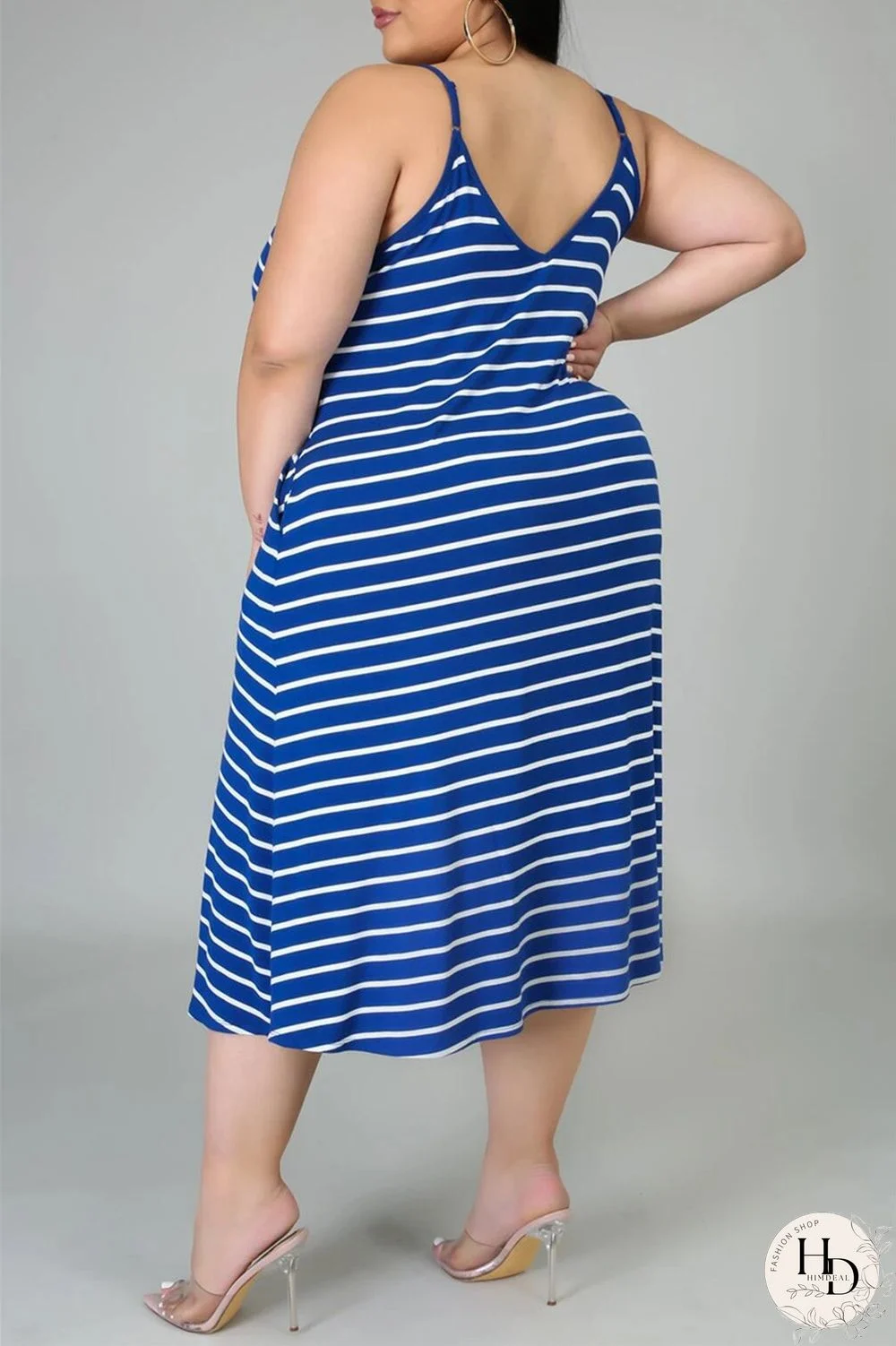 Deep Blue Sexy Casual Plus Size Striped Print Backless Spaghetti Strap Sleeveless Dress