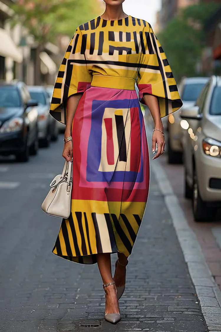 Women's Elegant Abstract Art Print Midi Dress