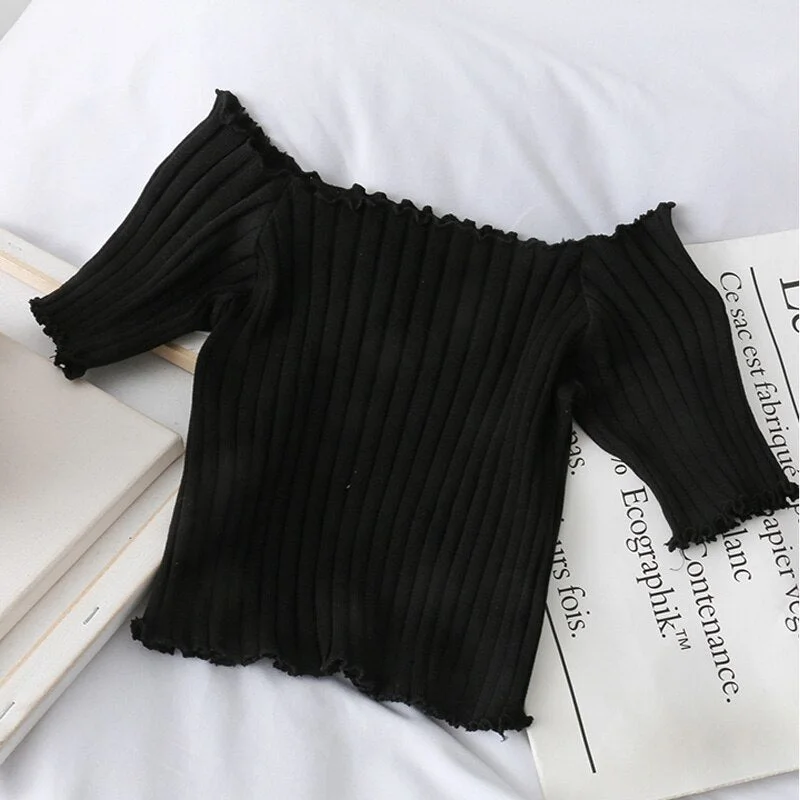 Women T-shirt Off Shoulder Knitting Crop Tops Women Fashion Solid Short Sleeve Skinny T-shirts Women 2020 Summer