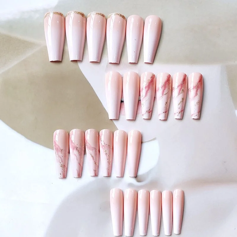 24pcs/Set Coffin Fake Nails Long Nude Gradient Marble Foils Decal Acrylic Ballerina Nail Accessories Art Tips Press On Nails-Nail Inspo
