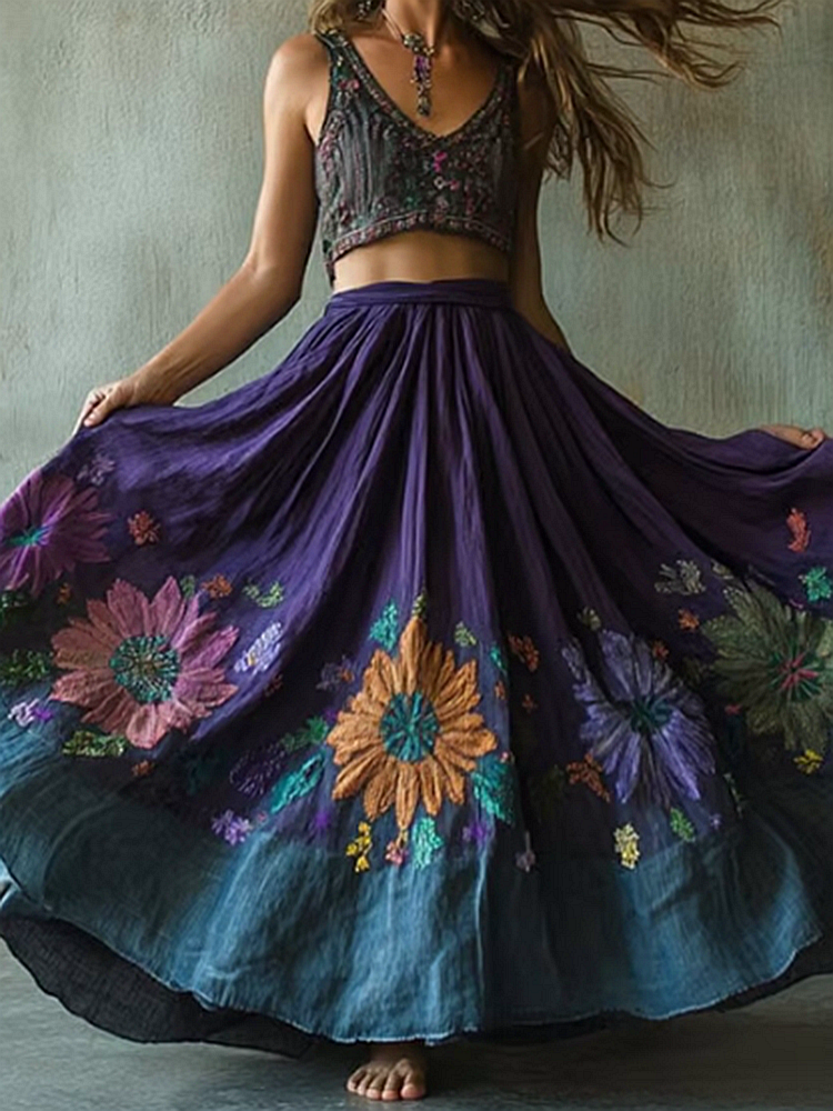 Women's Retro Flower Embroidered Pattern Linen Blended Short Skirt