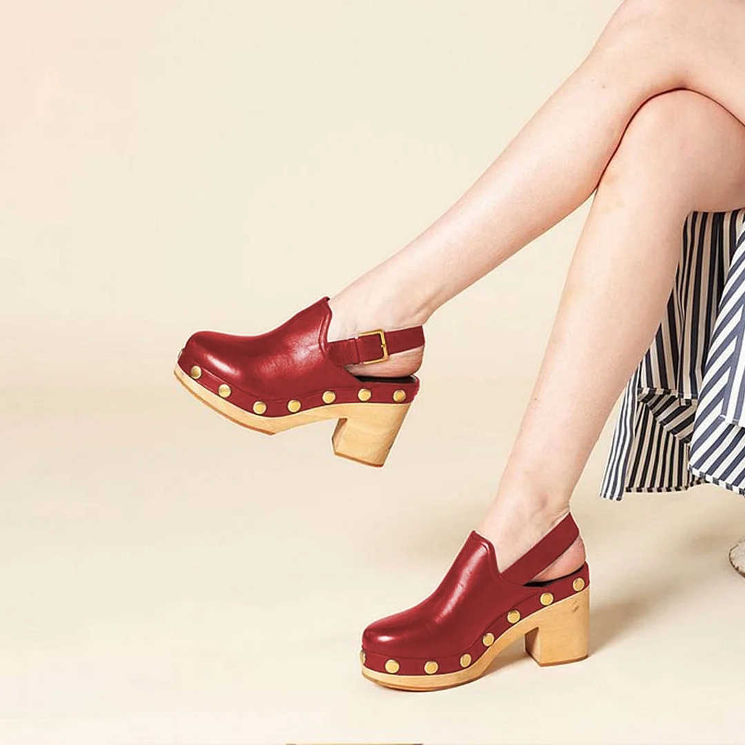 Vegan Leather Round Toe Slingback Red Platform Heels with Studs