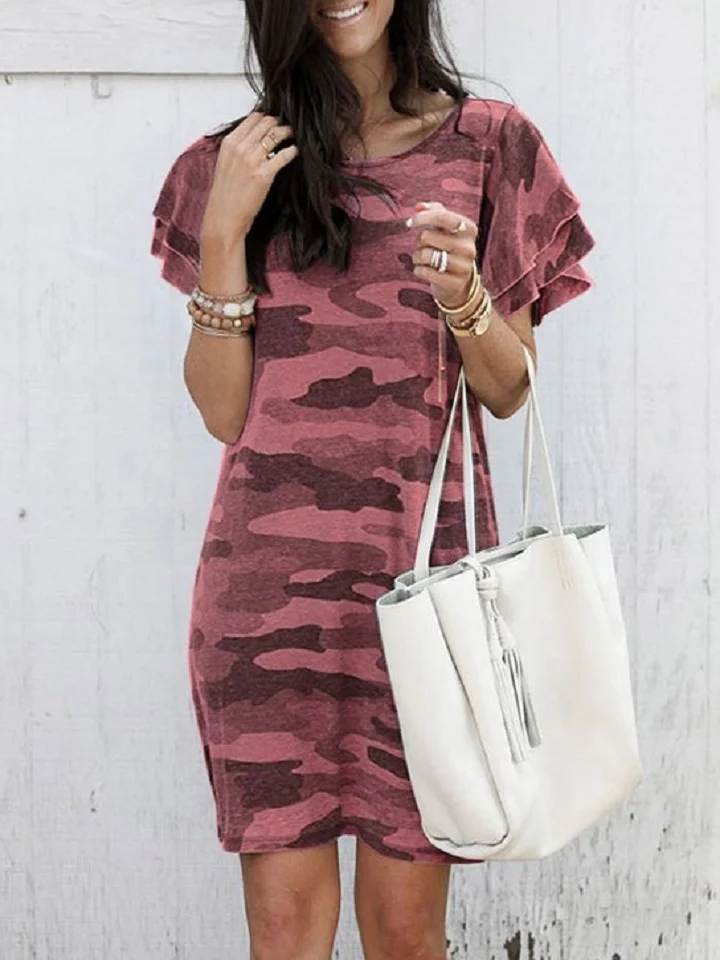 Camouflage Printed Short Sleeve Loose Dress | EGEMISS