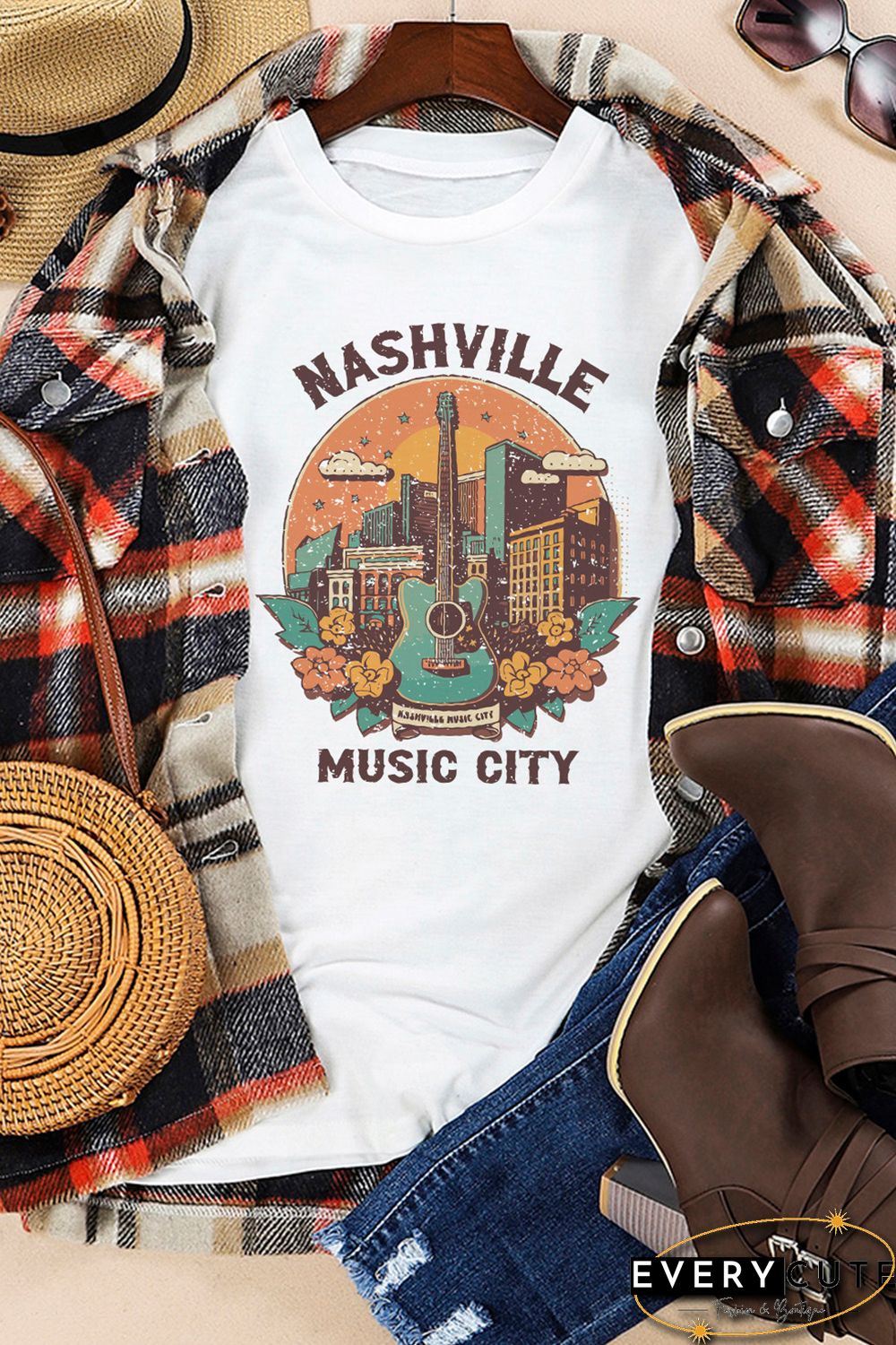 White Nashville Music City Graphic Short Sleeve Tee