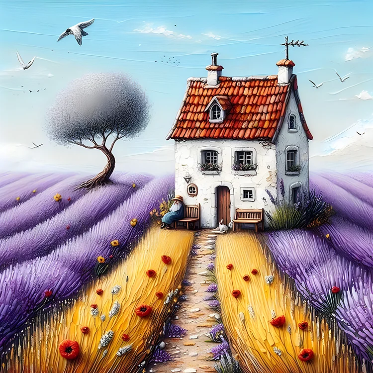 Purple Flower Field House 30*30CM (Canvas) Full Round Drill Diamond Painting gbfke